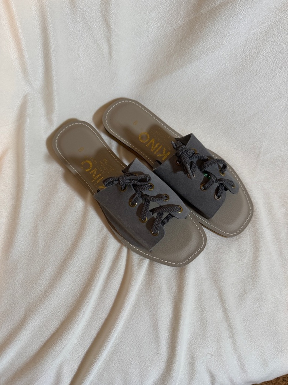 Kino Key West Womens Leather Lace Up Slide‎ Sandals Taupe Grey Size 8 Handmade